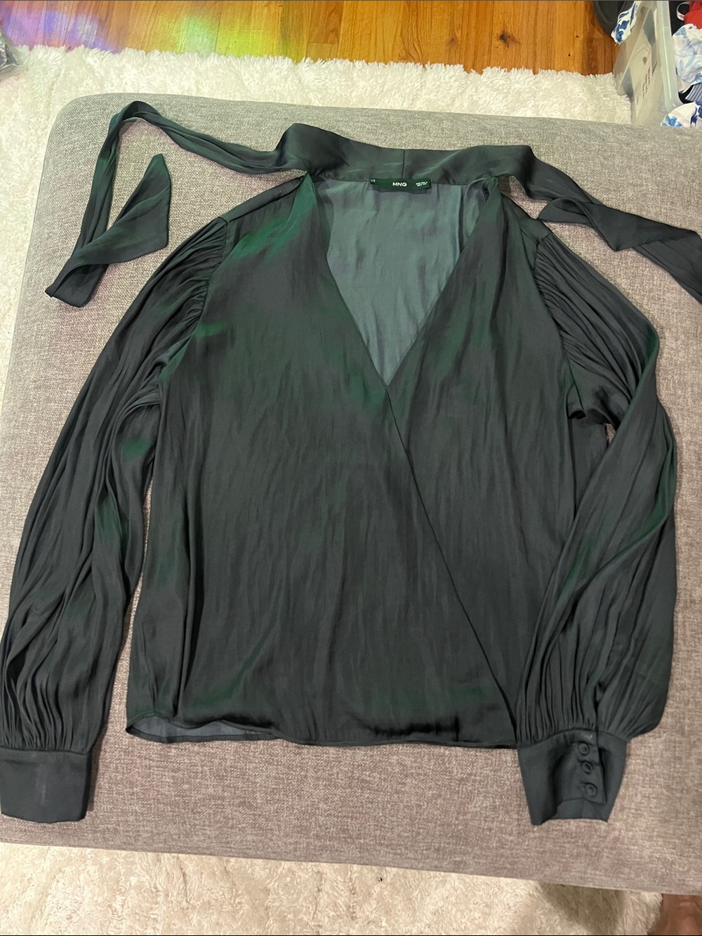 Mango green Wrap V-Neck Long-Sleeve Blouse with Tie